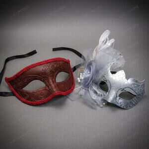 Venetian Floral Scroll Masquerade Mask Red Silver Halloween